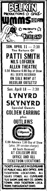 Lynyrd Skynyrd with Golden Earring show ad April 18, 1976 Cleveland - Richfield Coliseum